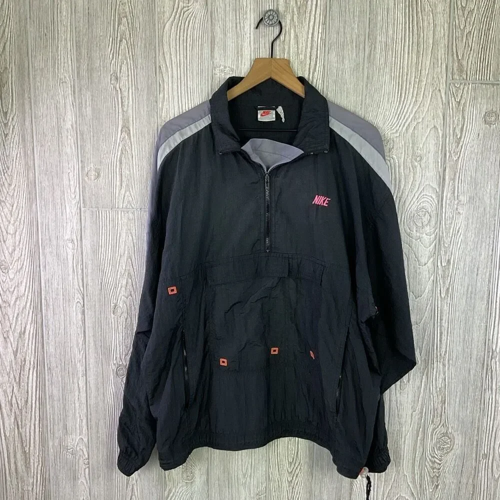 Vintage Nike Grey Label Men’s Large Black Nylon Windbreaker Anorak Jacket